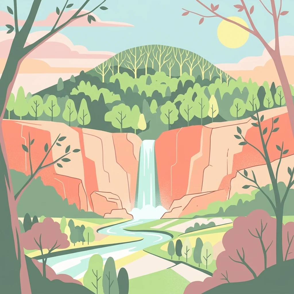 A stylized flat-design illustration featuring a forested hill, a central waterfall cascading down a cliff face, and a river flowing through the foreground valley under a pale sun.