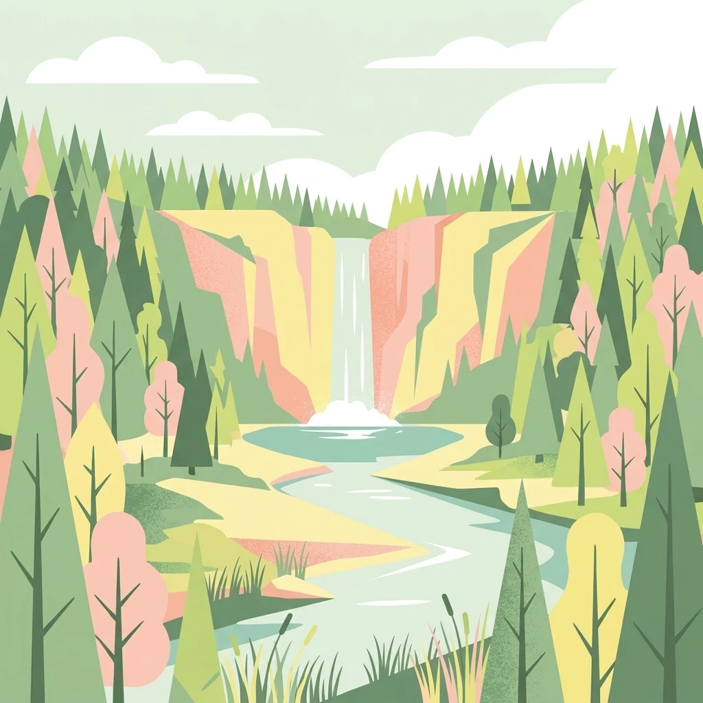 A flat-style digital illustration showing a waterfall flowing over a cliff into a river surrounded by coniferous and deciduous trees.