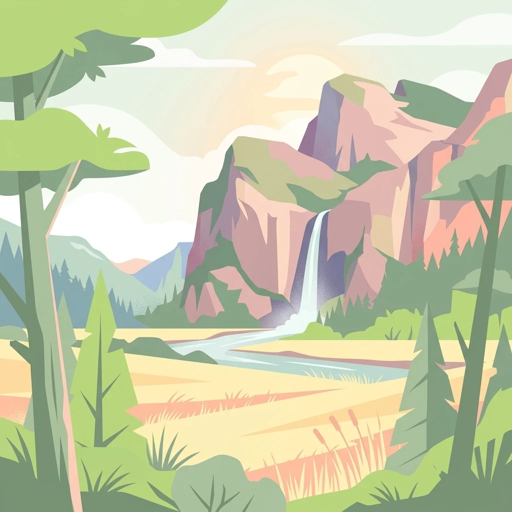 Una ilustración digital de un valle pintoresco con acantilados altos, una cascada en cascada, un río serpenteante y vegetación forestal circundante.