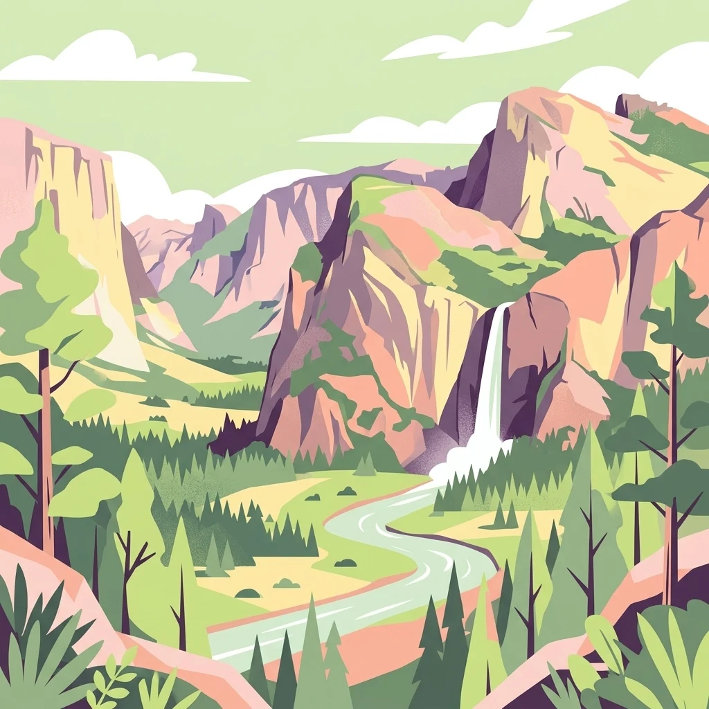 A flat, stylized digital illustration of a mountain valley scene featuring a waterfall cascading down a rocky cliff, a meandering river through a forest, and scattered clouds in the sky.