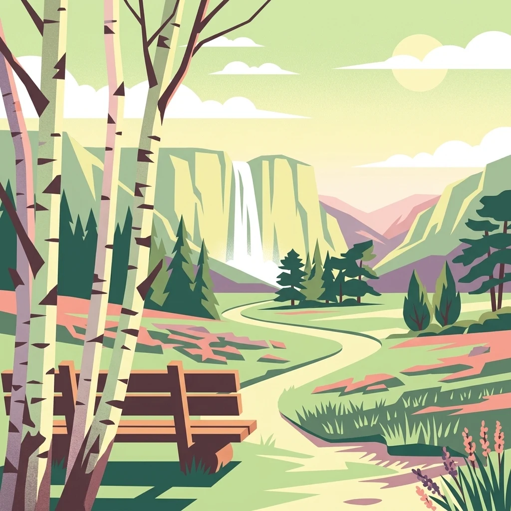 A flat-style digital illustration of a park scene featuring birch trees in the foreground, a wooden bench overlooking a winding path, and a waterfall flowing down a cliff in the background.
