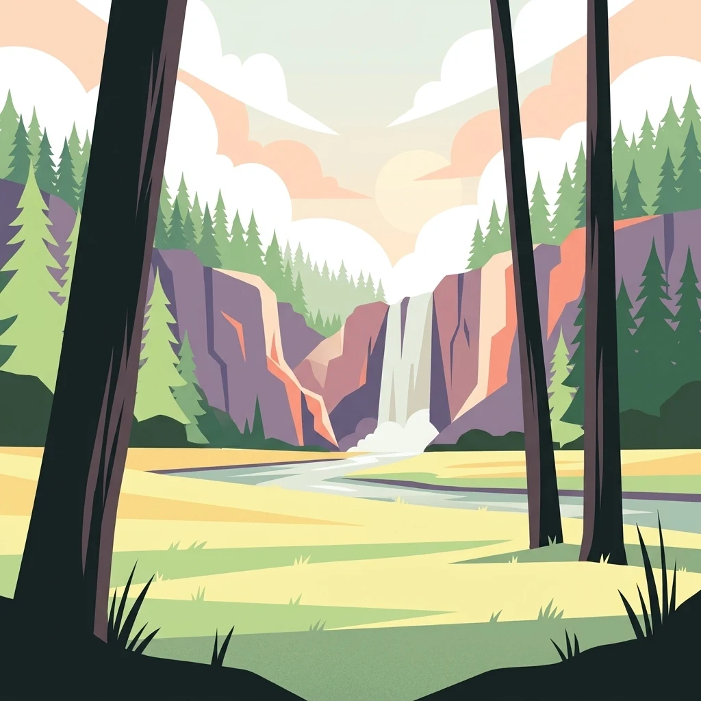 A flat-style digital illustration showing a view through tall, silhouetted trees into a valley with a river, coniferous trees, rocky cliffs, and a small waterfall in the distance under a pastel sky.