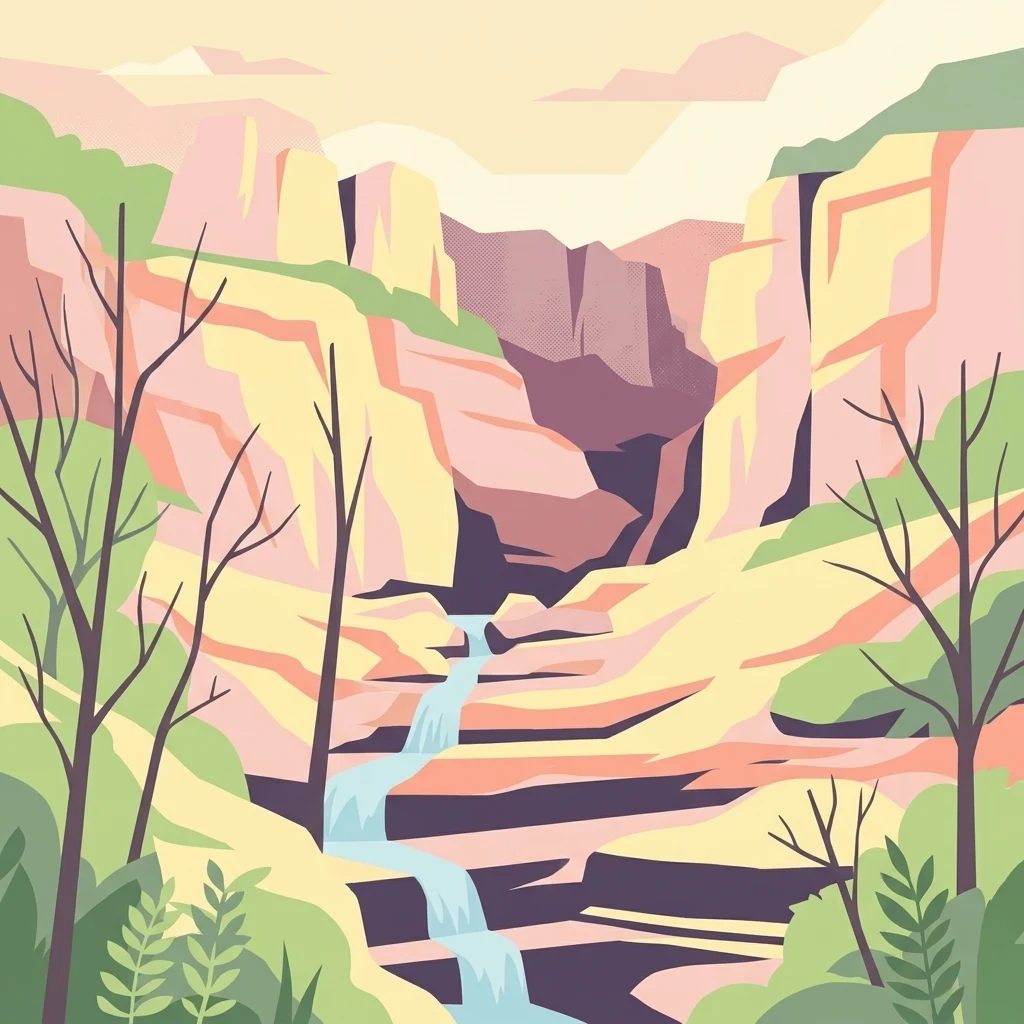 A flat vector-style illustration of a canyon or gorge landscape. High rock walls surround a small central stream cascading down over terraced rocks. Foreground trees are depicted in silhouette with minimal detail, and the color palette consists of soft muted pastels, greens, and purples.