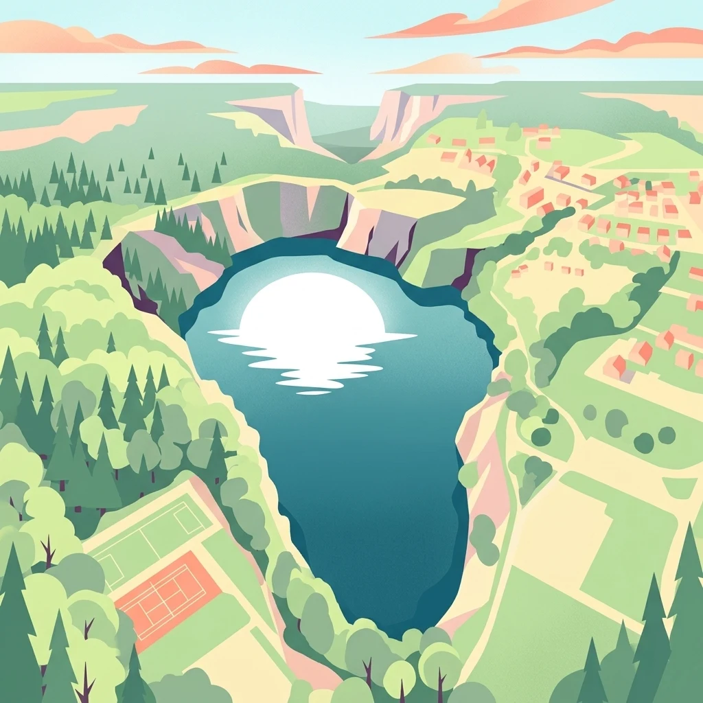Una ilustración plana y estilizada que muestra una masa de agua en el centro, reflejando un gran sol, rodeada de acantilados escarpados, bosques de pinos y un pequeño pueblo con pistas de tenis en primer plano.