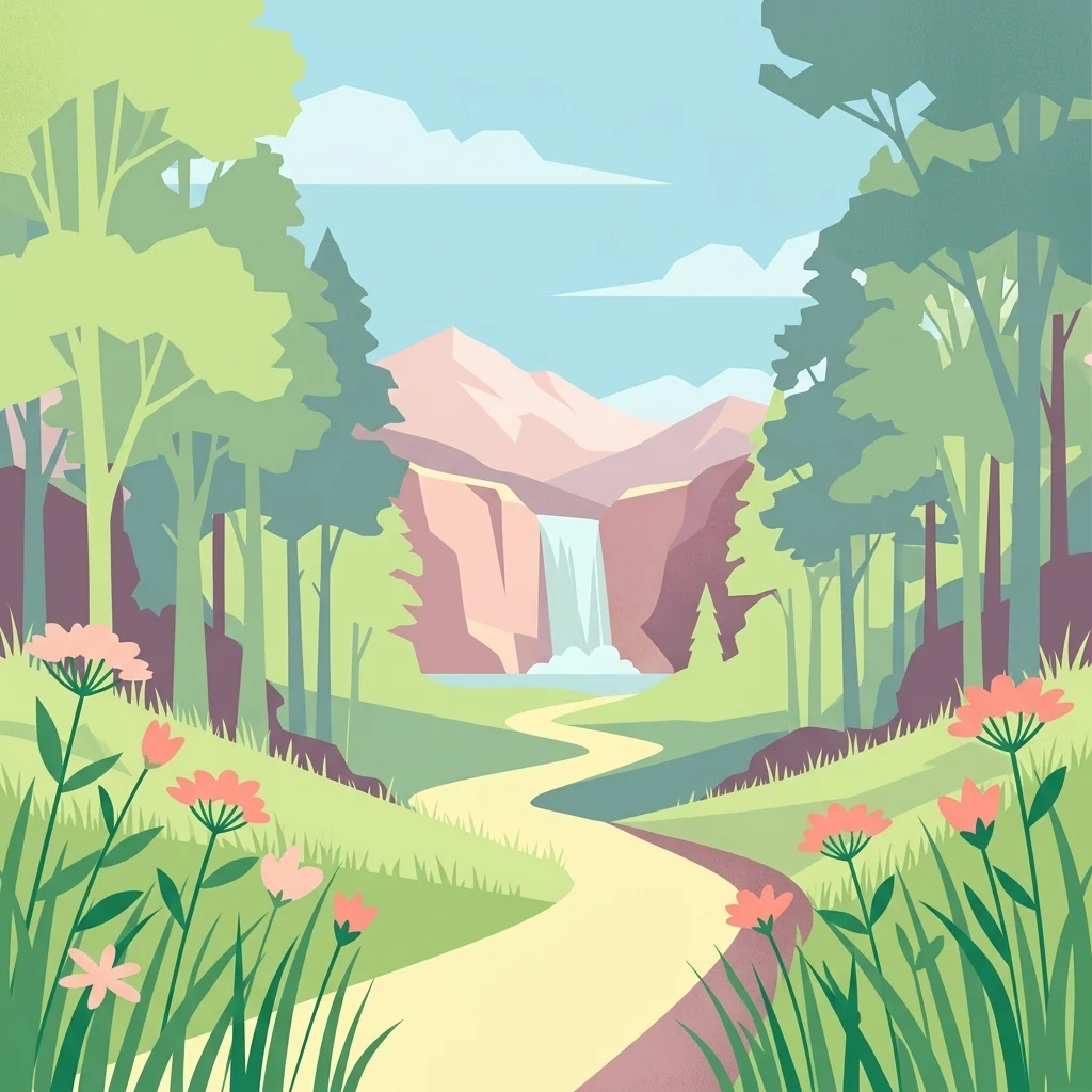 Vector illustration of a winding dirt path through a forest leading to a waterfall between mountain cliffs, with wildflowers in the foreground.