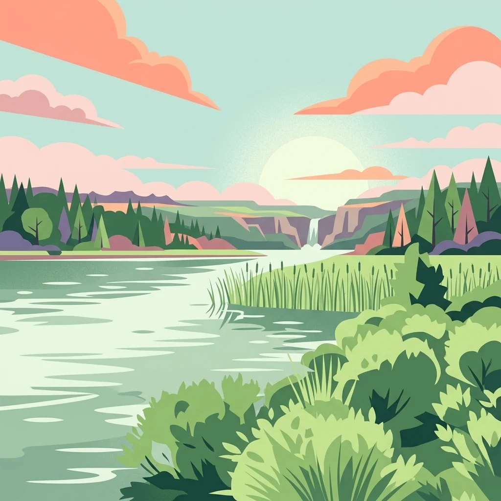 A flat-style digital illustration of a lake landscape at sunset, featuring lush foreground vegetation, a central lake, distant forests, and a small waterfall flowing off a cliffside under a pastel sky.