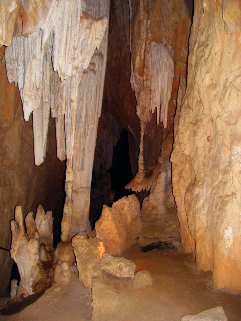 Cave interior with large cream and white stalactites hanging from the ceiling and stalagmites rising from the rocky floor, lit by warm artificial lighting against a dark background.