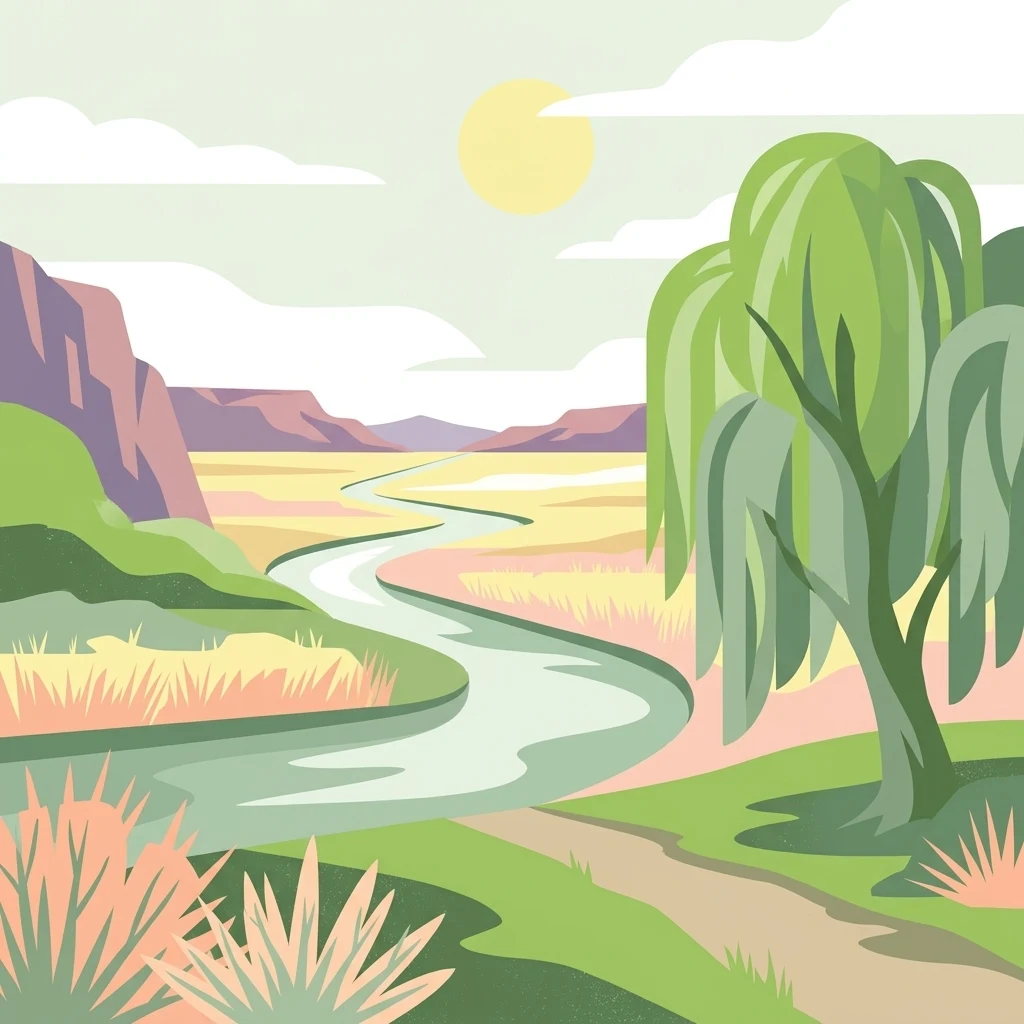 A flat vector-style illustration of a winding river flowing through a lush landscape with a large willow tree in the foreground and hills in the distance.