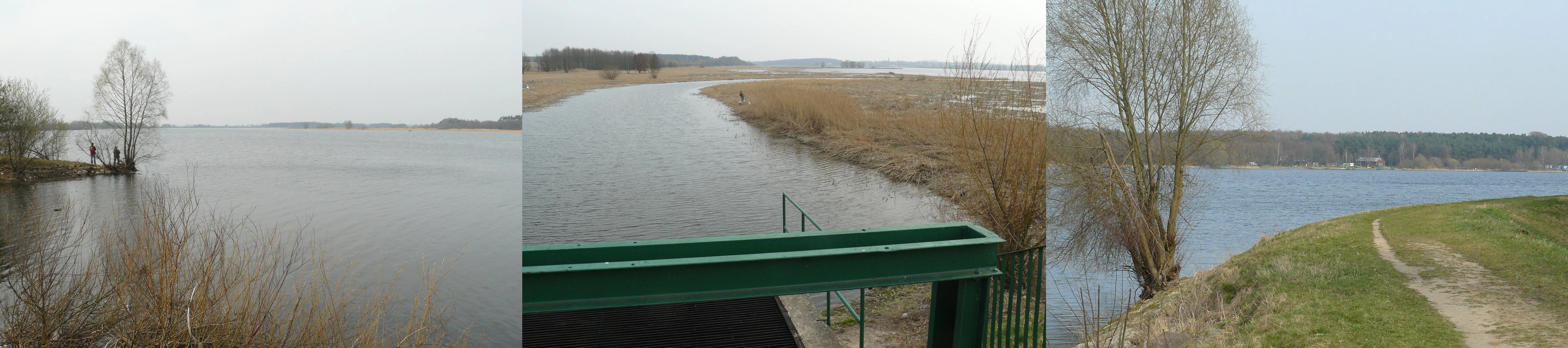 A three-part panoramic image showing Wonieść Lake in Poland. The scene includes still lake water, grassy banks with sparse trees, and a green metal structure belonging to a sluice gate.