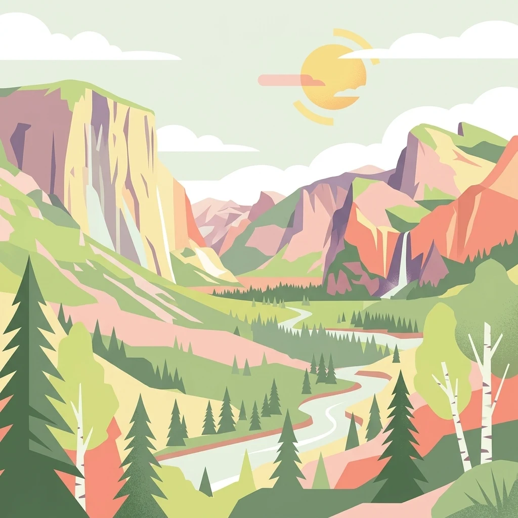 A flat vector-style illustration showing a valley with high mountain cliffs, a winding river, evergreen forests, and a distant waterfall under a stylized sun.