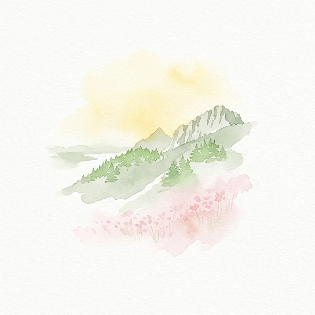 Watercolor painting of a mountain range with green forests and pink flowers under a yellow sky