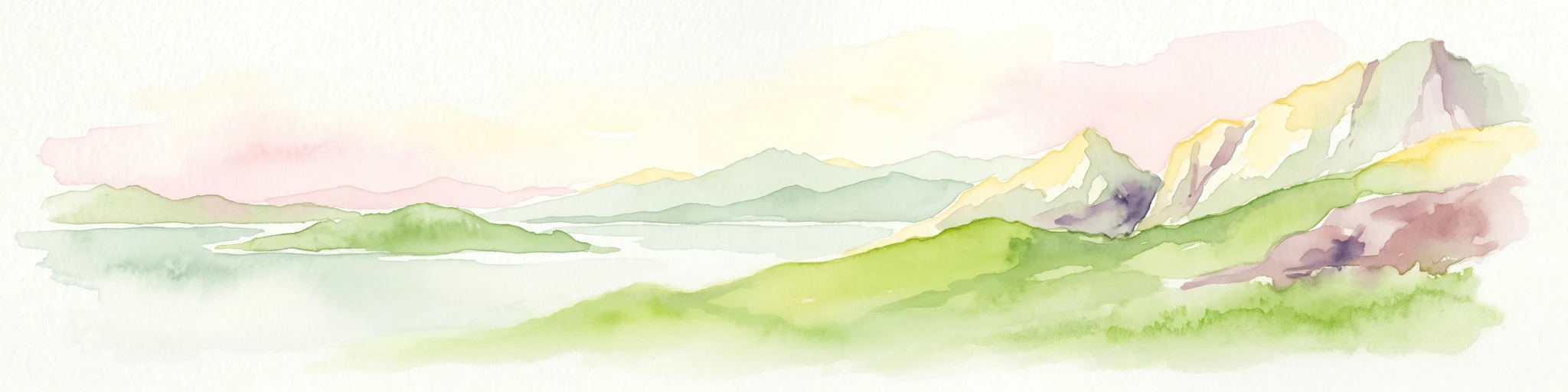 Ilustración acuarela de colinas verdes, una masa de agua y picos montañosos bajo un cielo suave