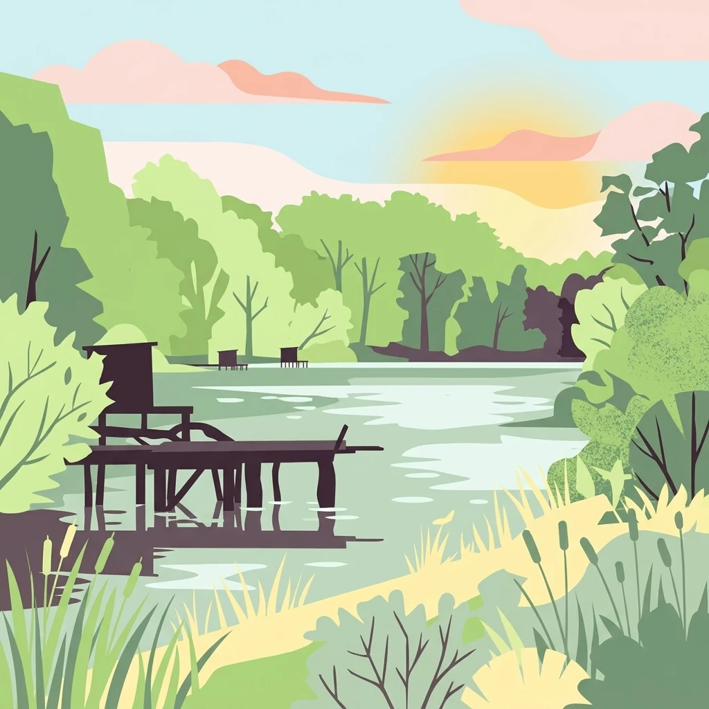 A stylized vector illustration of a quiet river arm surrounded by trees, with a wooden pier in the foreground and a setting sun in the background.