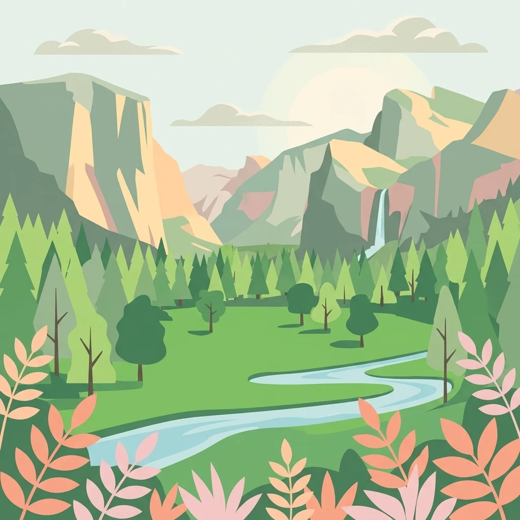 Una ilustración digital de estilo plano que muestra una escena de valle con montañas al fondo, una cascada a la derecha, un río serpenteante en el medio y una pradera verde con árboles dispersos en primer plano.