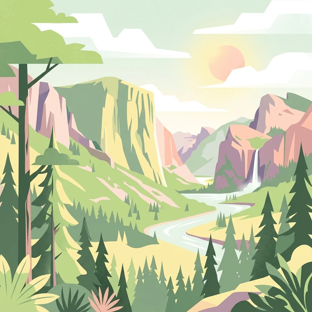 A flat-style digital illustration depicting a valley surrounded by steep cliffs, with a river flowing through the center, a waterfall on the right, and coniferous trees in the foreground.