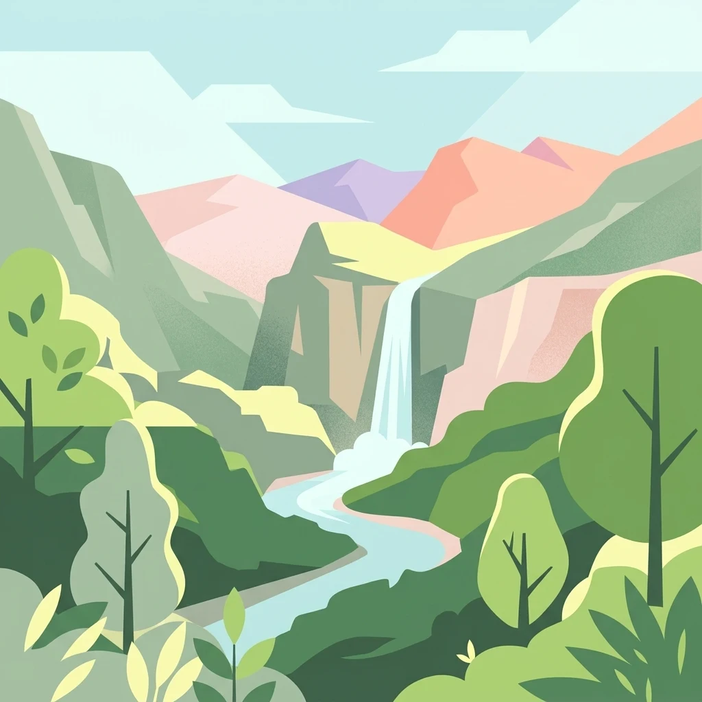 Una ilustración digital de estilo plano que muestra un río serpenteante fluyendo por un valle boscoso con una cascada en la distancia, enmarcado por árboles y montañas estilizados.