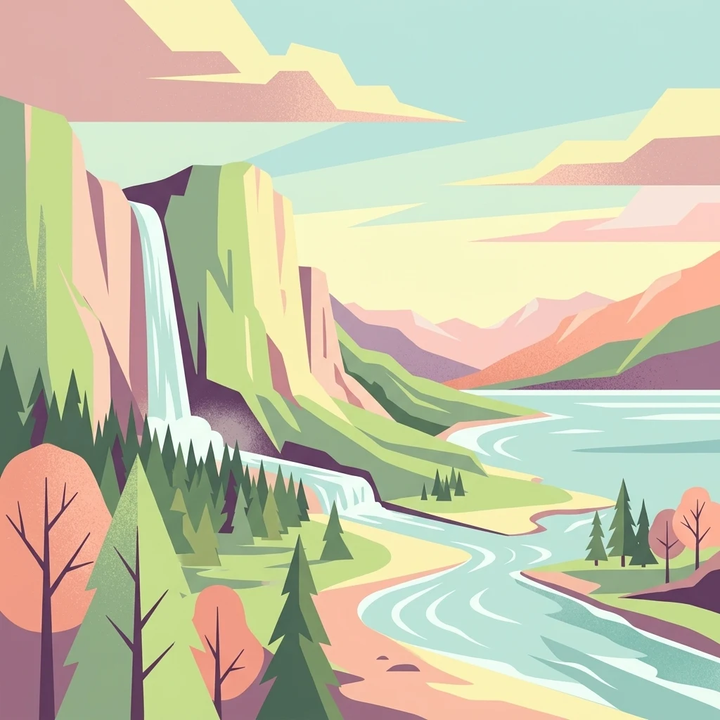 Una ilustración plana y estilizada que muestra una cascada que cae desde un acantilado hacia un río que fluye junto a un bosque hacia una gran masa de agua bajo un cielo de tonos suaves.