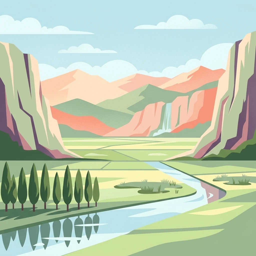 A flat vector-style illustration of a river flowing through a valley surrounded by steep cliffs and distant mountains, with a row of cypress-like trees along the bank.