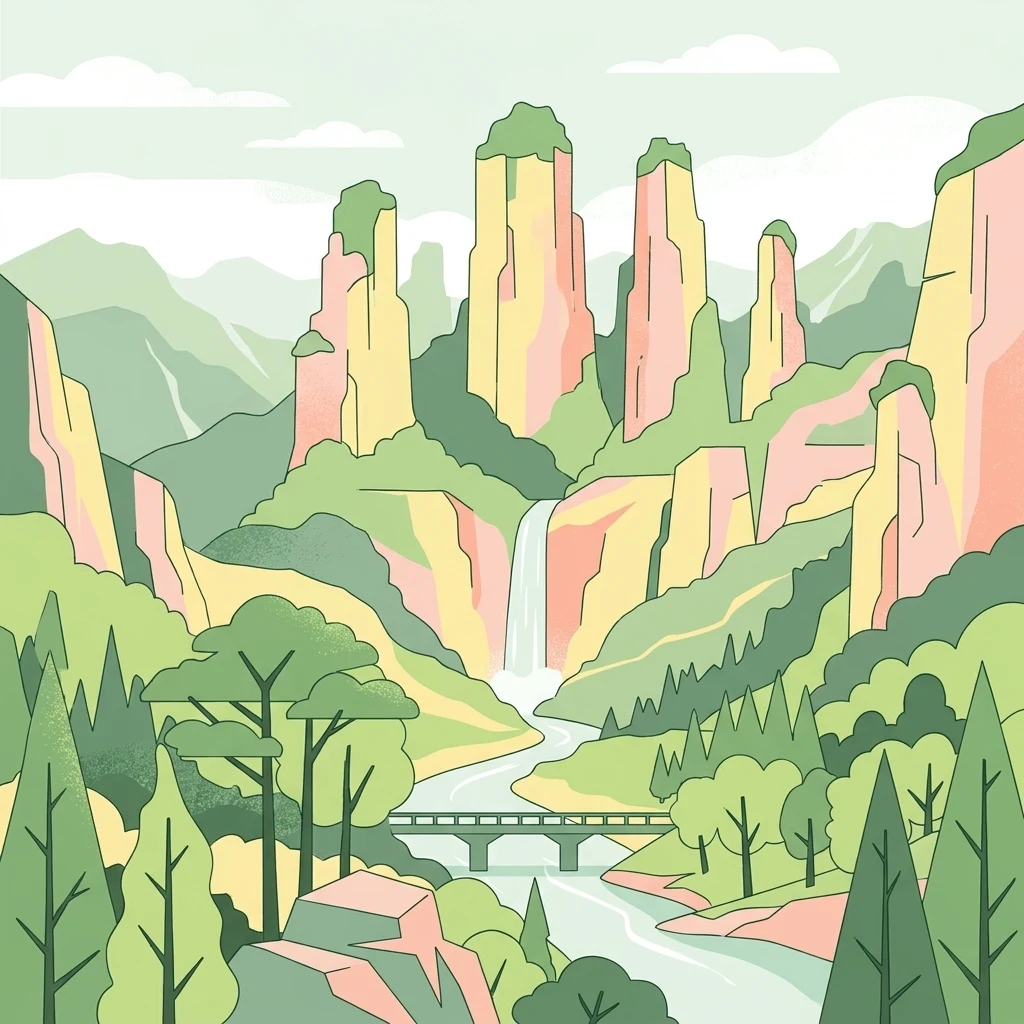 Una ilustración digital de estilo plano que muestra imponentes pilares de arenisca, una cascada, un río que fluye bajo un puente y vegetación forestal circundante.