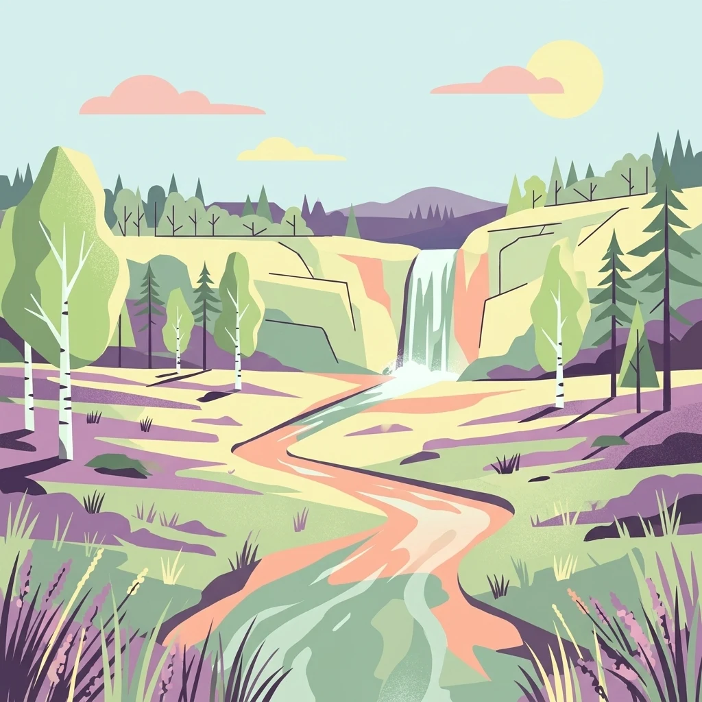 A flat-style digital illustration showing a waterfall cascading over rocky cliffs into a winding river that flows through a landscape of birch trees, pine trees, and heathland under a sunlit sky.