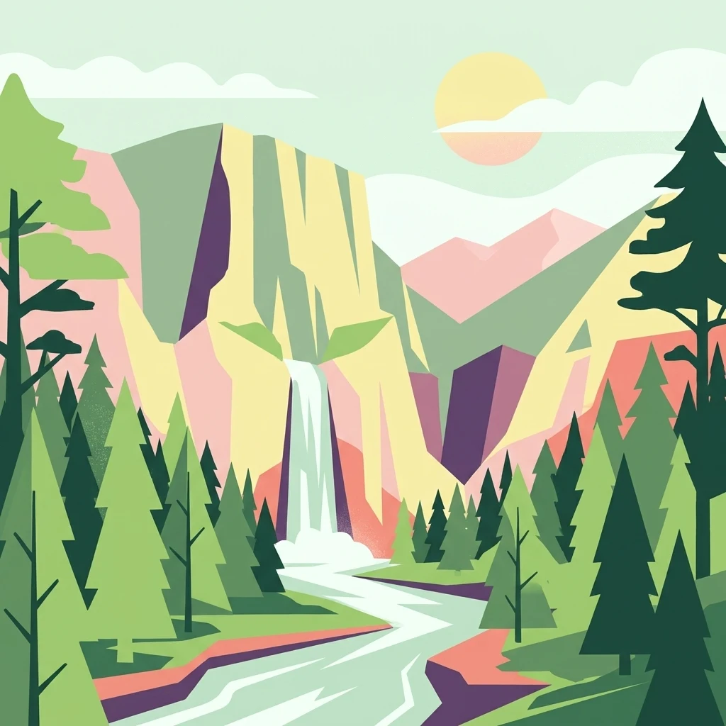 Stylized vector illustration showing a river flowing through a coniferous forest toward a waterfall cascading down a mountain face under a bright sun.