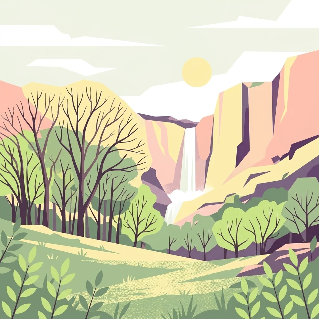 A flat-style digital illustration showing a lush forest valley with trees in the foreground, steep cliffs in the background, a cascading waterfall, and a warm sun in the sky.