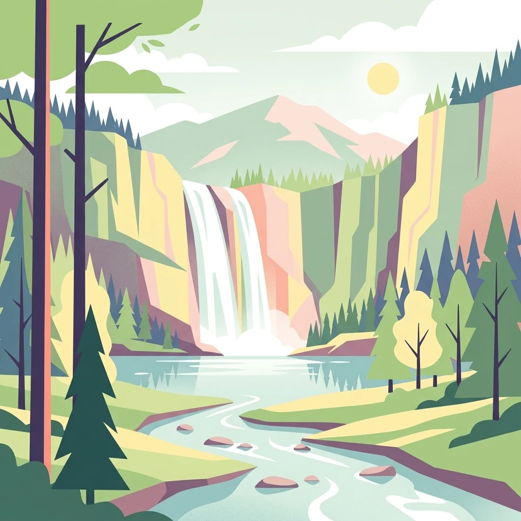 Una ilustración digital de estilo plano que muestra una cascada que cae en un río rodeado de pinos, acantilados y una montaña lejana bajo un sol suave.