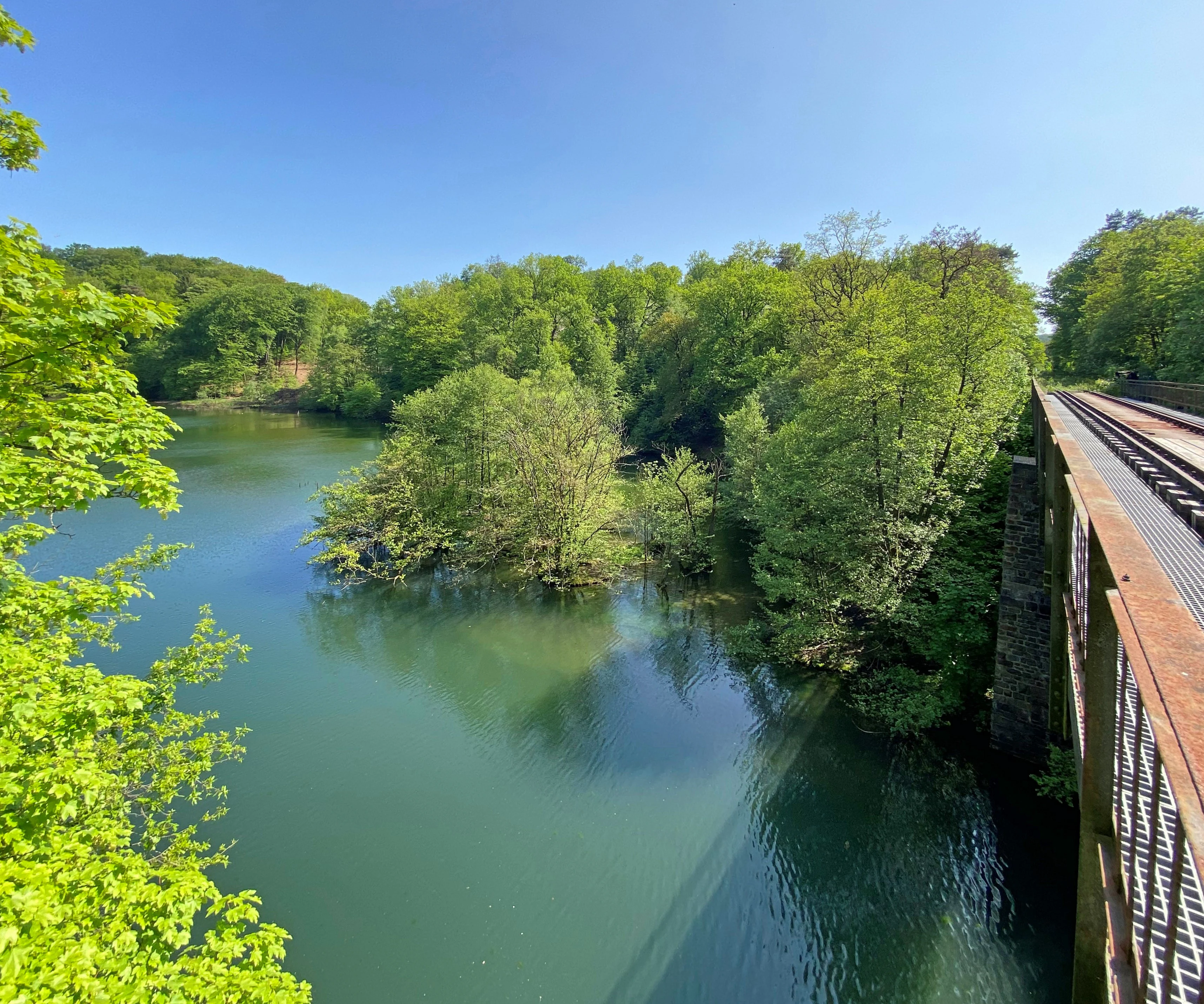 A high-angle view of the Wilhelmstal railway bridge crossing a section of the Wupper river, surrounded by lush green forest in summer.