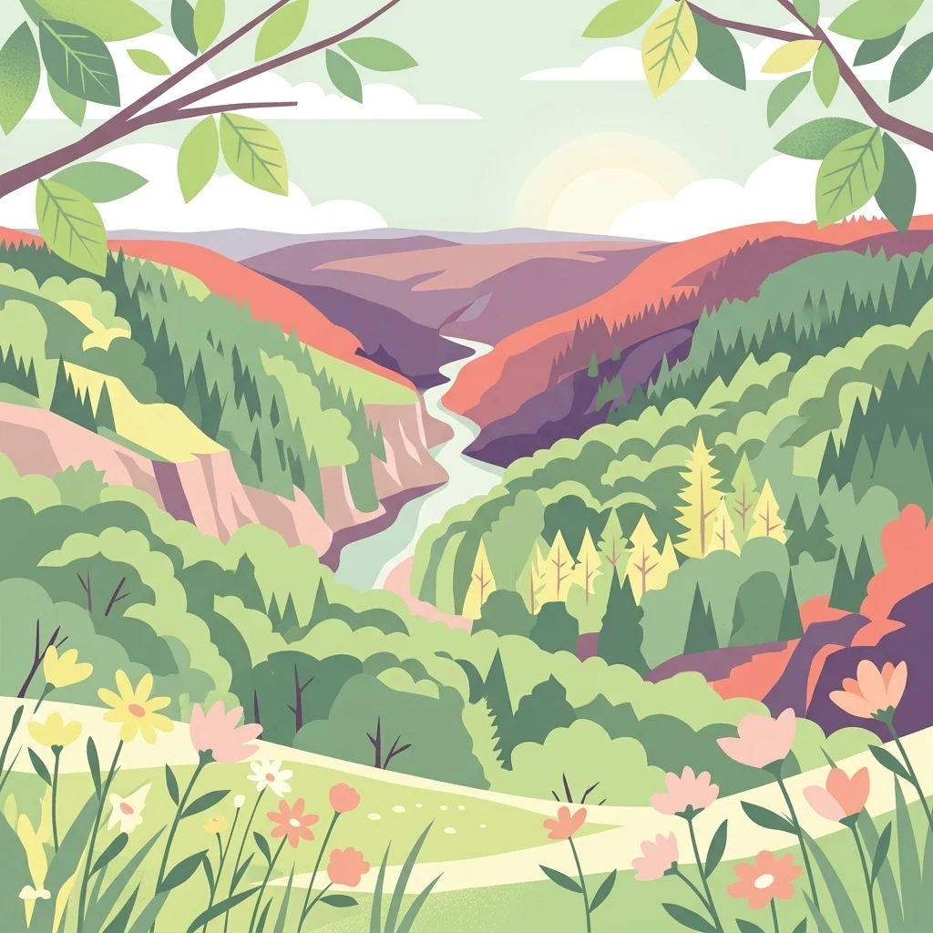 A flat-design illustration of a winding river flowing through a lush valley with steep, forested slopes and a field of colorful flowers in the foreground.