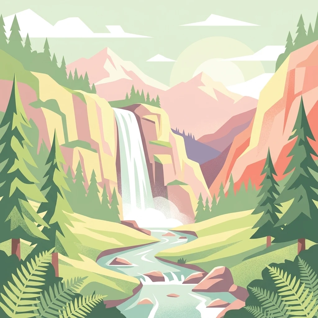 A flat-style digital illustration of a waterfall cascading into a winding river through a pine-forested valley, set against a backdrop of mountain peaks under a soft sky.