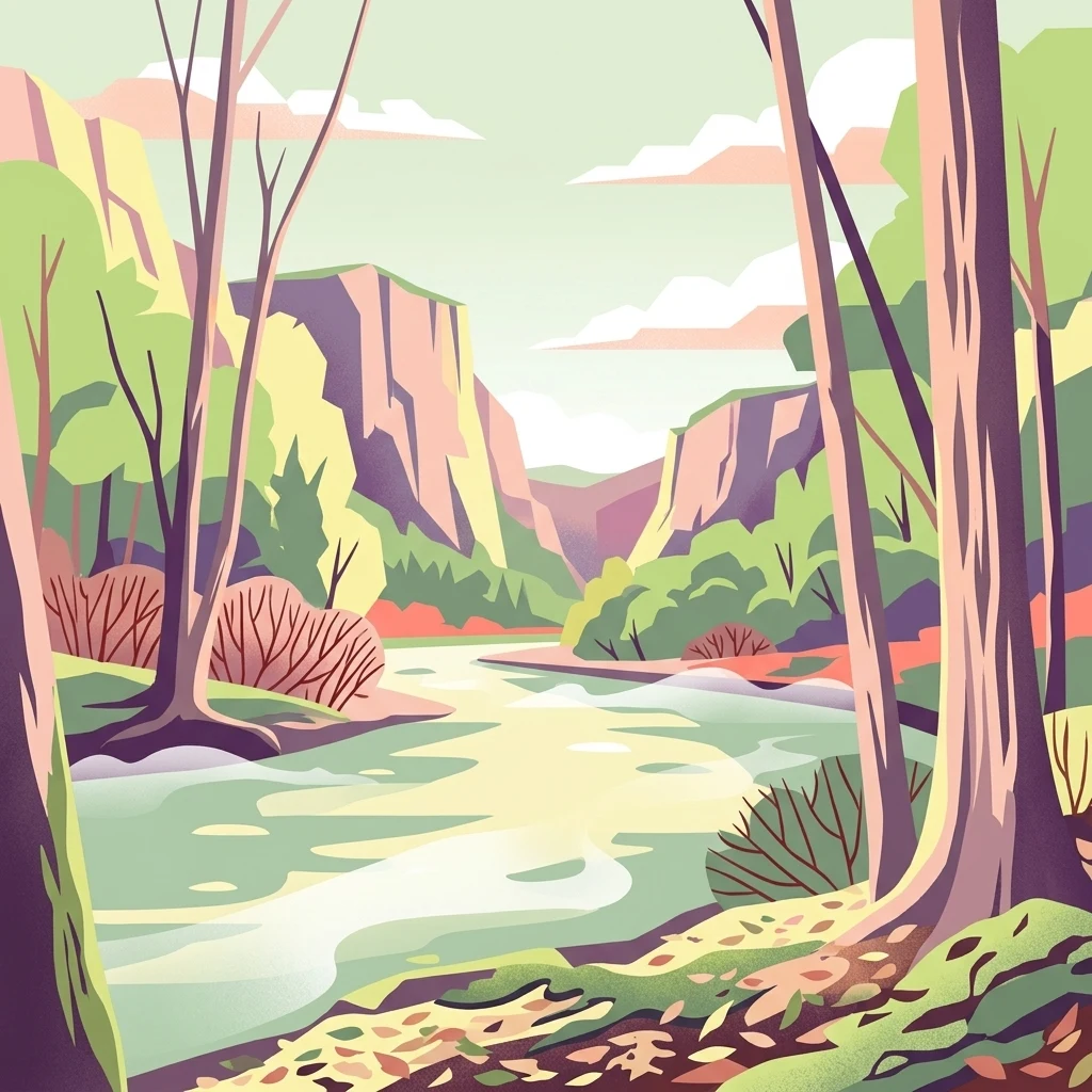 A stylized vector illustration of a river winding through a valley flanked by steep, rocky cliffs and dense forests with autumn colors.