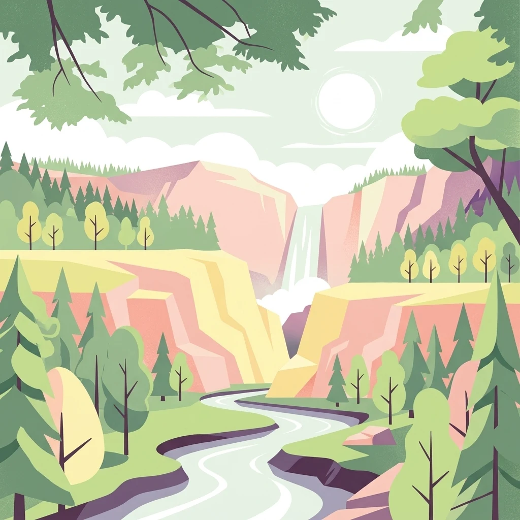 A digital illustration showing a winding river flowing through a canyon with cliffs, pine trees, and a waterfall in the distance under a pale sky.