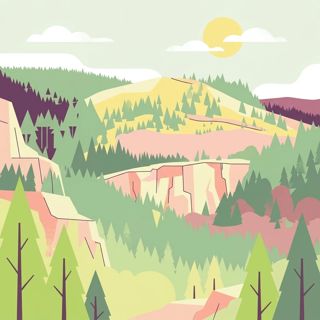 A flat-style digital illustration showing a mountainous forest landscape with rocky slopes, conifer trees, and a pale sun in the sky.