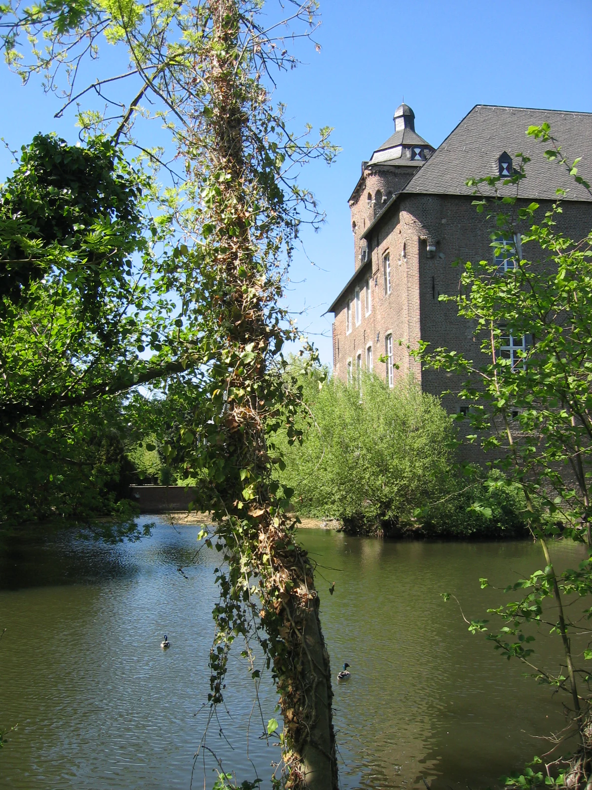 A historic brick castle with a tower sits beside a river, framed by trees and foliage on a sunny day.