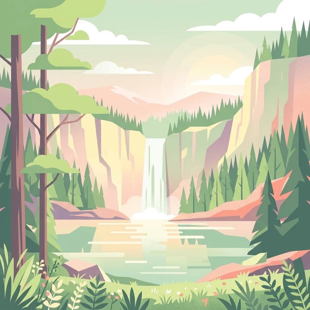 A flat-style vector illustration of a waterfall flowing down between two high rocky cliffs into a calm lake, surrounded by pine trees under a light sky.