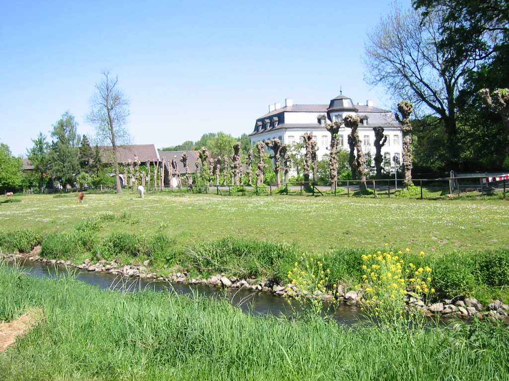 A historic white building with a dark roof stands behind a line of trees in a grassy meadow with a small stream in the foreground.