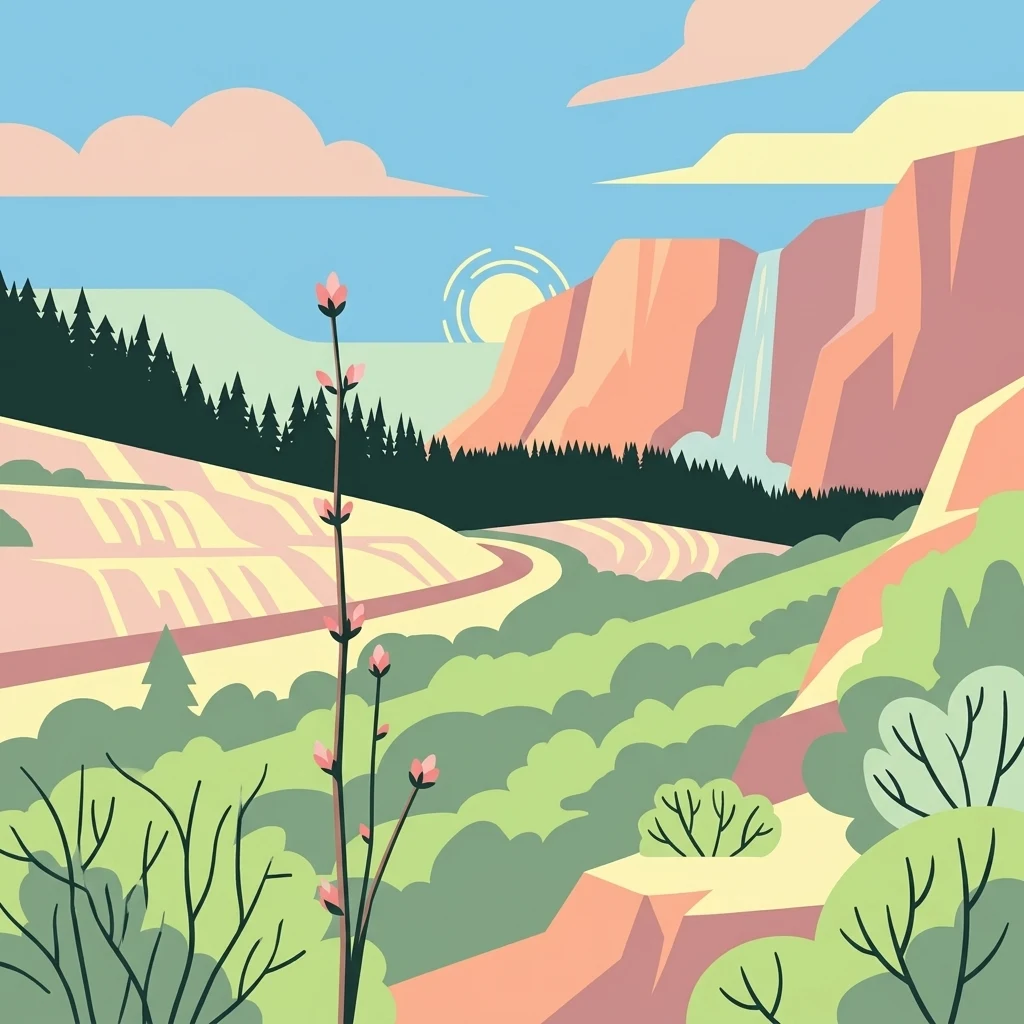 Una ilustración gráfica que muestra un paisaje soleado con una flor silvestre alta en primer plano, un denso bosque de coníferas en el plano medio y acantilados rocosos con una cascada al fondo.