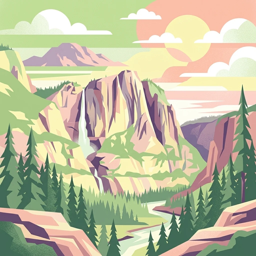 A graphic illustration of a mountain scene featuring a tall waterfall plunging into a river valley surrounded by pine trees under a warm-toned sky with a setting sun.
