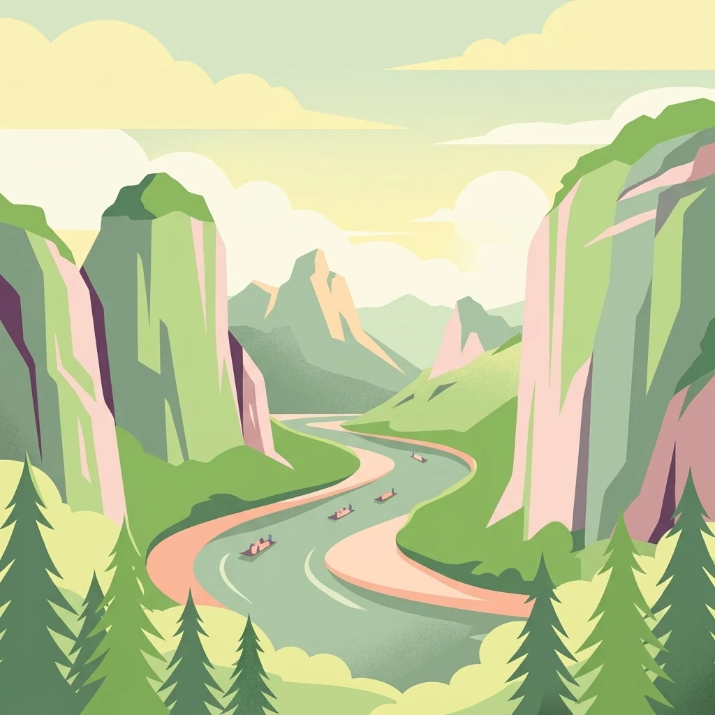 A flat-style digital illustration showing a winding river flowing between steep, green-toned cliffs and mountains with small boats visible on the water.