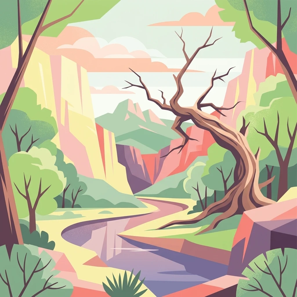 An illustration of a winding river in a desert canyon, featuring a prominent leafless dead tree in the foreground and layered mountains in the background.
