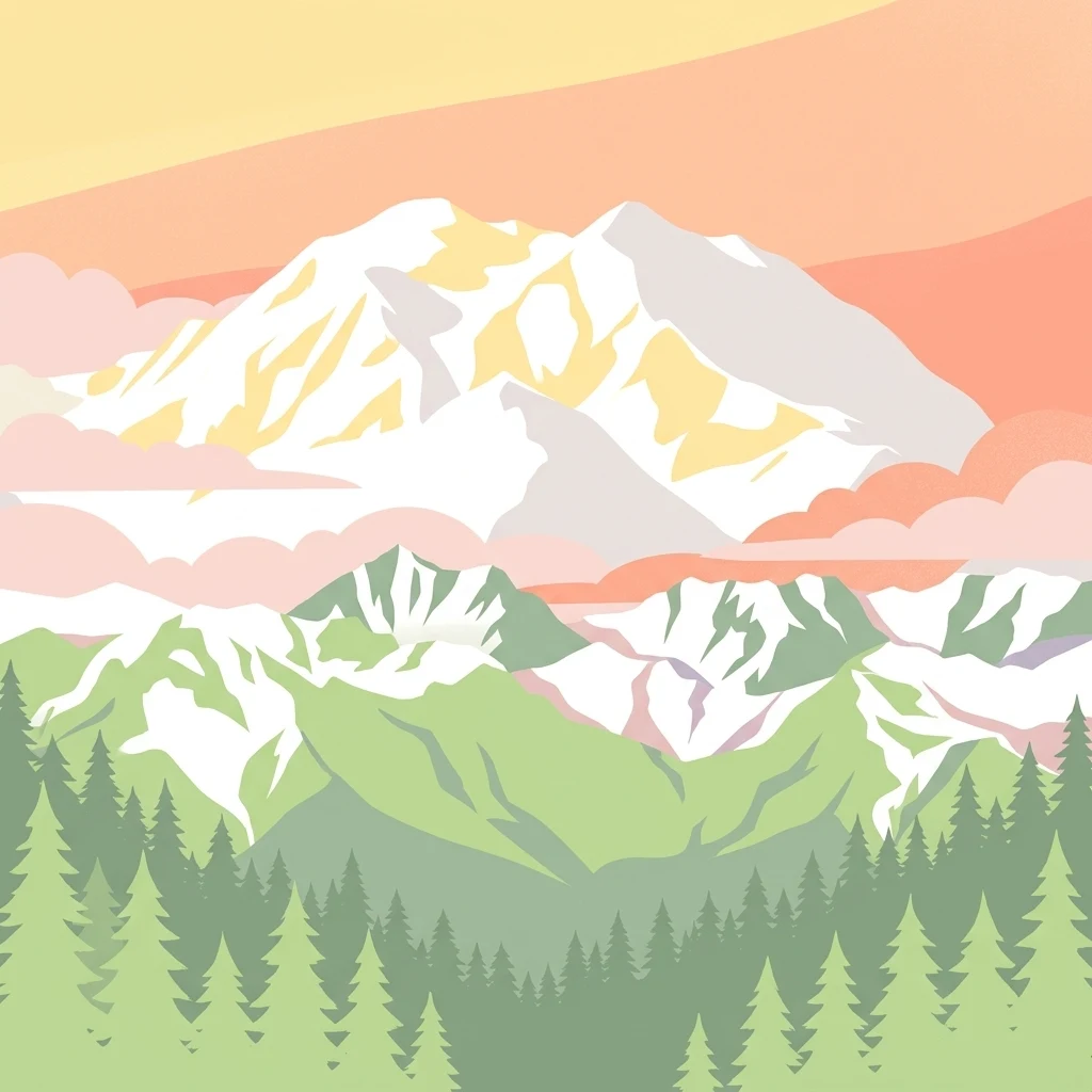 A minimalist vector illustration showing snow capped mountain peaks rising above a dense pine forest under a soft sunset colored sky.