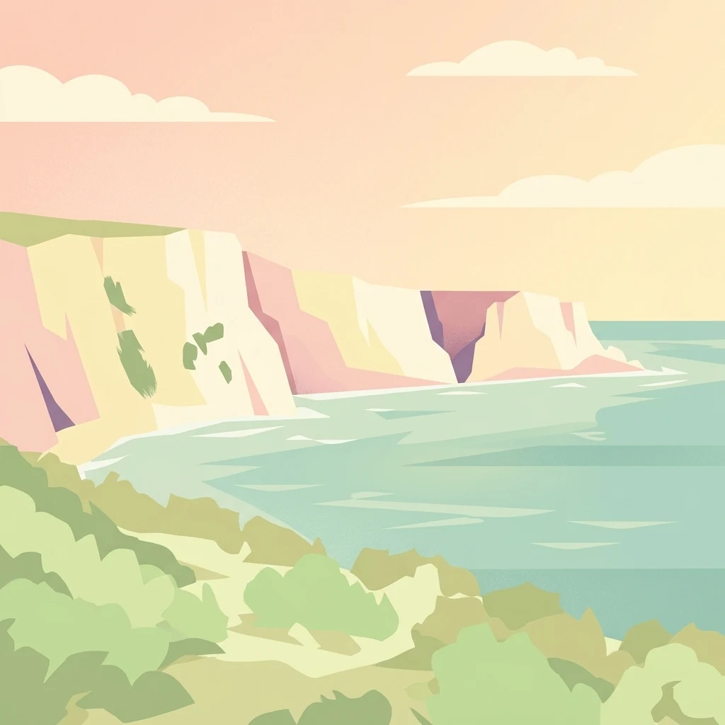 A stylized vector-style illustration of steep light-colored cliffs meeting a calm sea under a soft peach-colored sky.