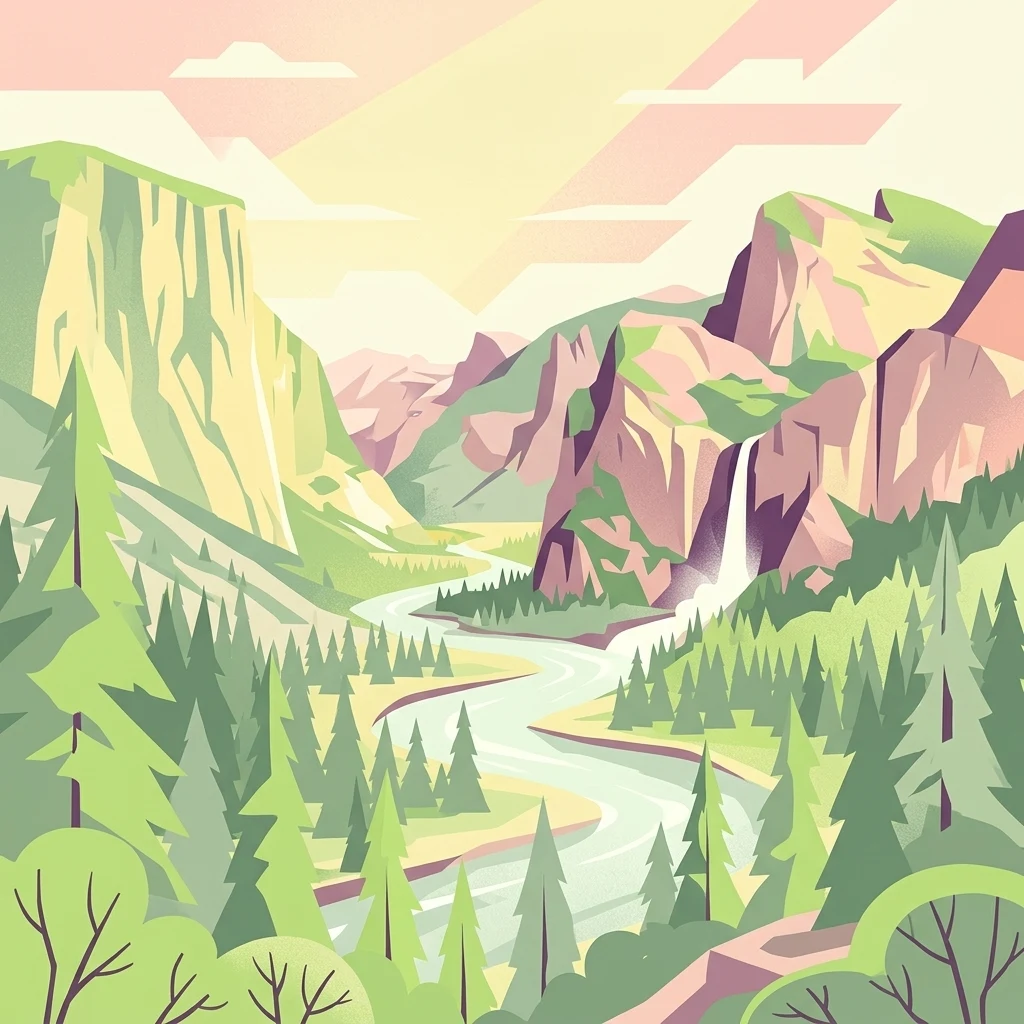 Stylized illustration of a mountainous landscape with a winding river, forested valleys, and a waterfall cascading from rocky cliffs under a light sky with stylized clouds