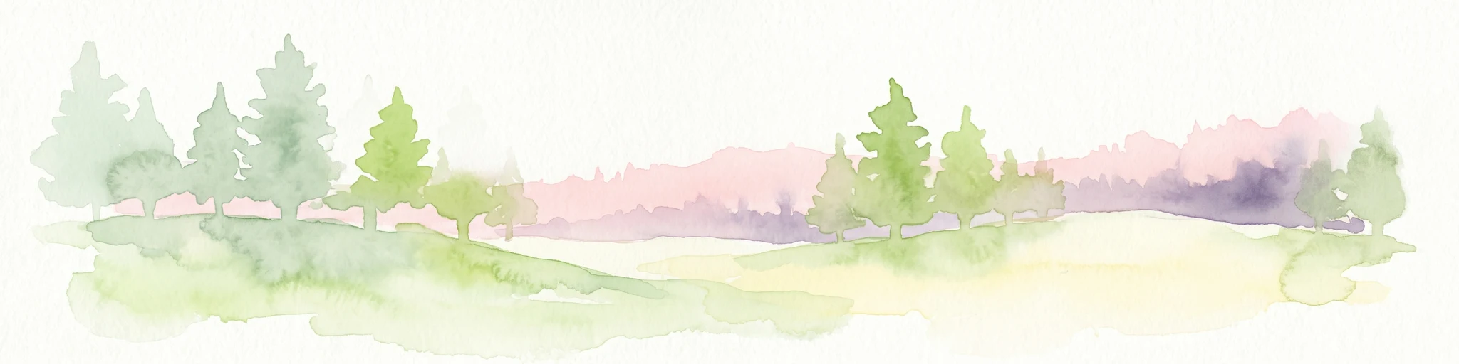 Ilustración acuarela de un paisaje de humedal con árboles verdes y un cielo pálido