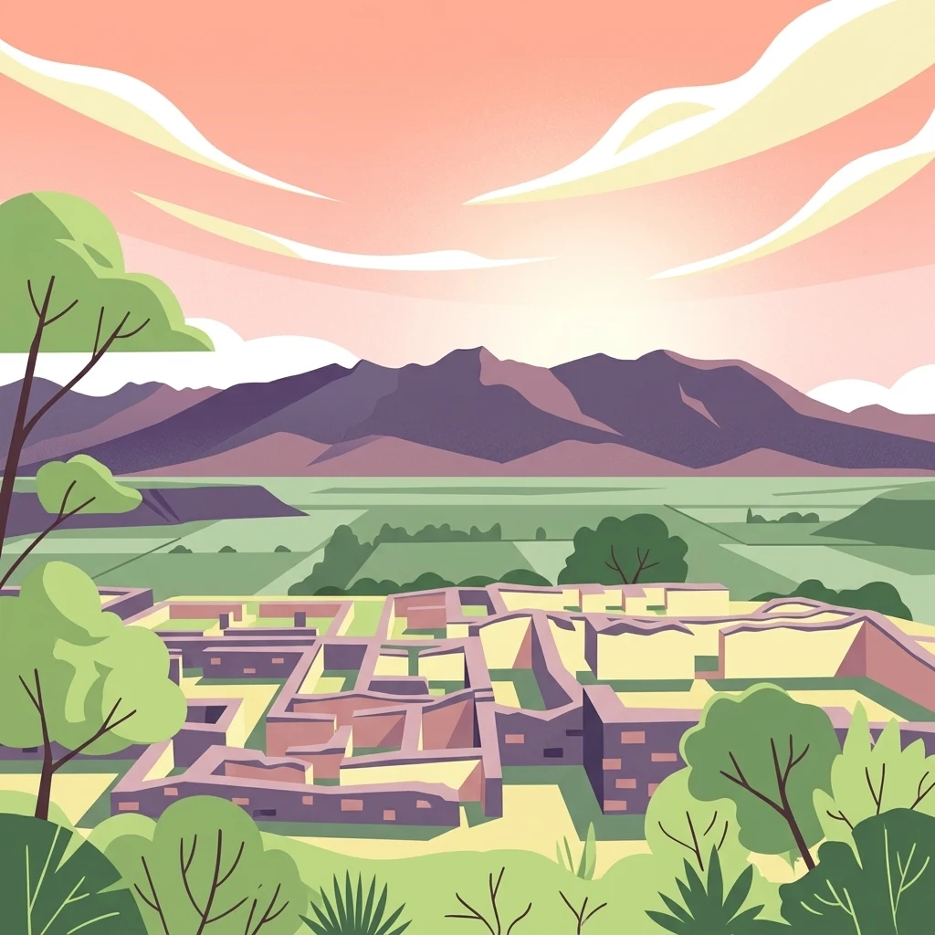 Una ilustración digital colorida que muestra ruinas de piedra de un complejo arqueológico antiguo en primer plano, con campos verdes planos y montañas púrpuras bajo un cielo rosado suave al atardecer en el fondo.