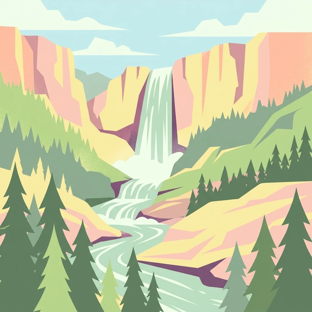 Una ilustración vectorial de estilo plano que representa una cascada alta que fluye entre acantilados rocosos hacia un río, rodeada de bosques de pinos.