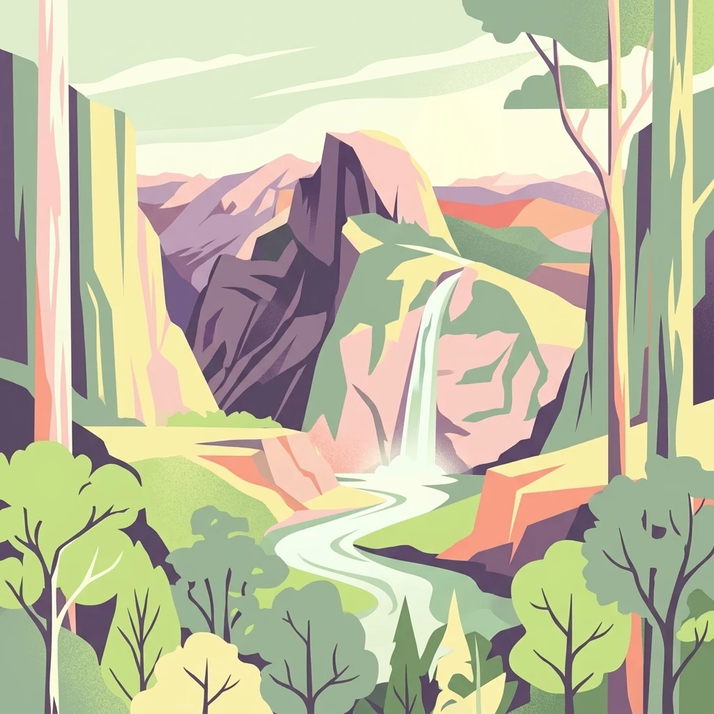 Una ilustración artística que presenta una cadena montañosa con una cascada que fluye hacia un río a través de un valle boscoso, realizada en un estilo plano y minimalista.