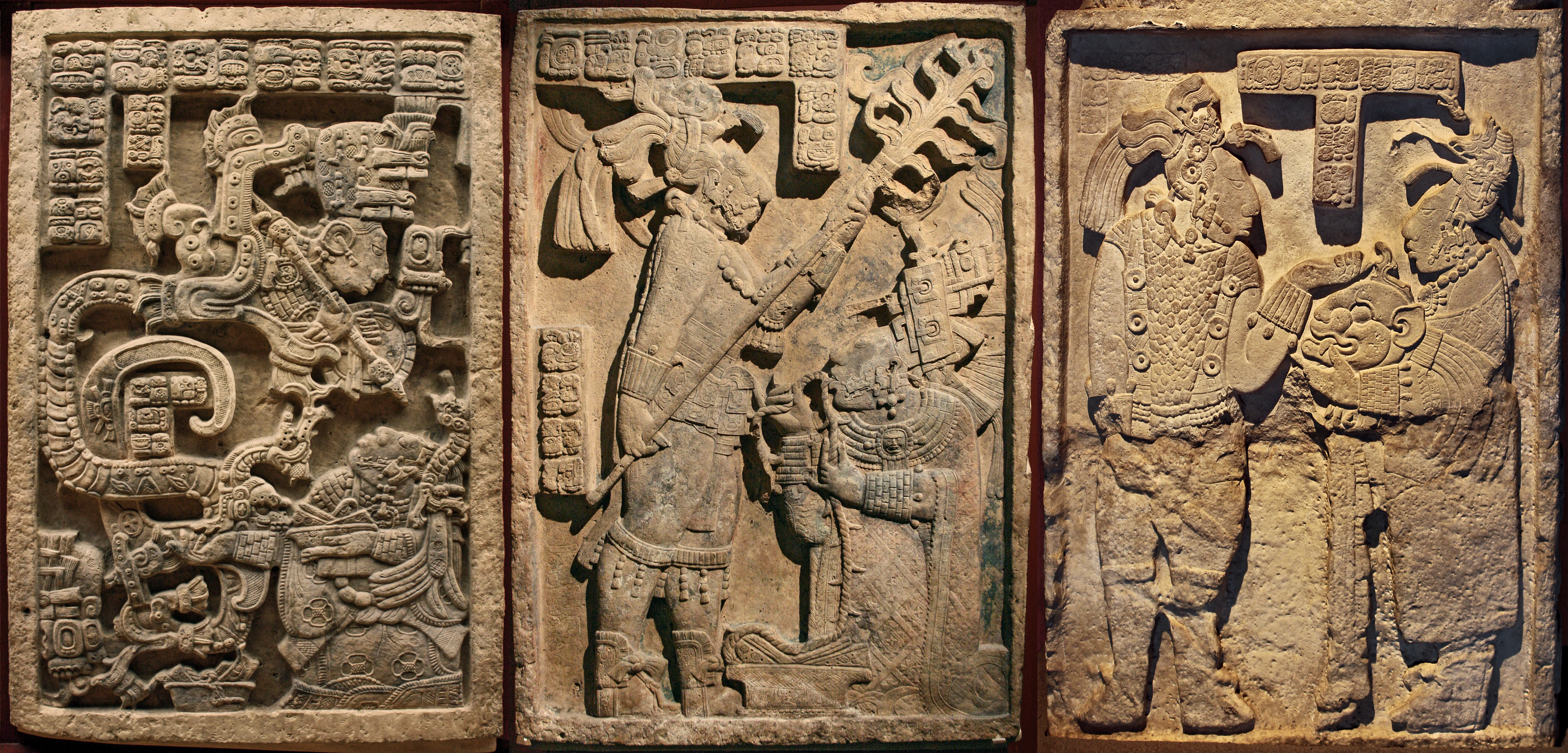 A side-by-side view of three separate rectangular stone lintels with detailed Maya relief carvings of human figures and hieroglyphic inscriptions.