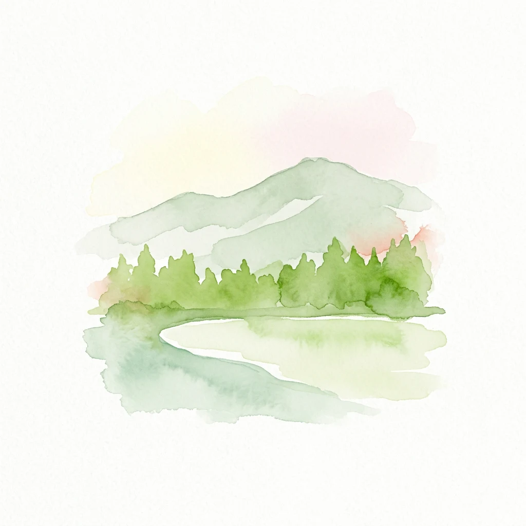 Watercolor painting showing a lake with a forested shoreline and mountains in the background