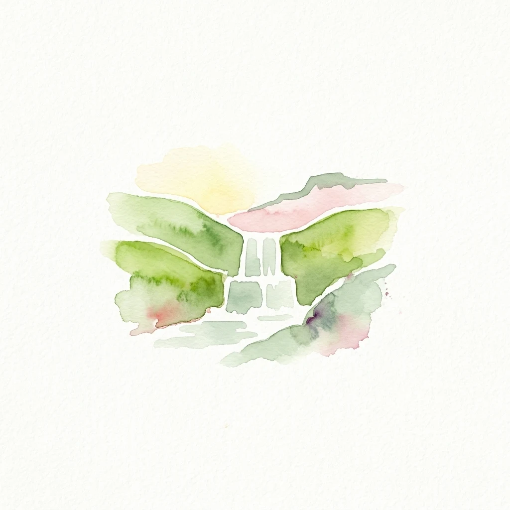 Watercolor painting of a waterfall flanked by green hills under a pale sky